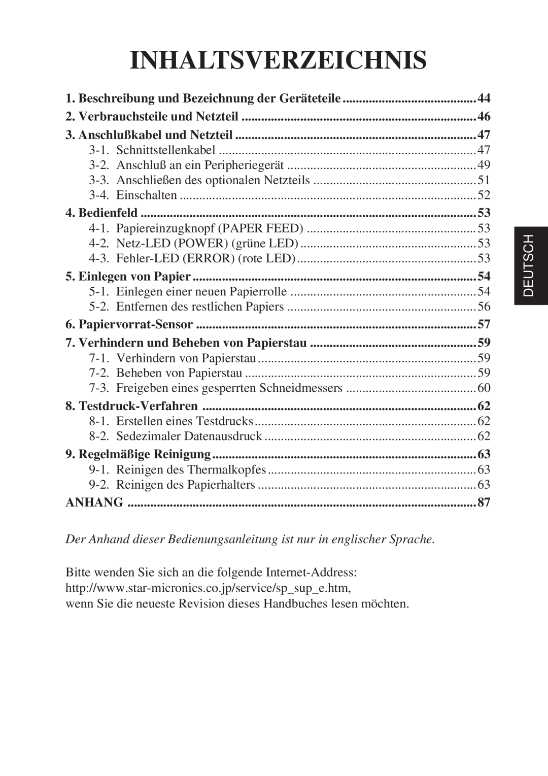 Star Micronics TSP2000 user manual Inhaltsverzeichnis 