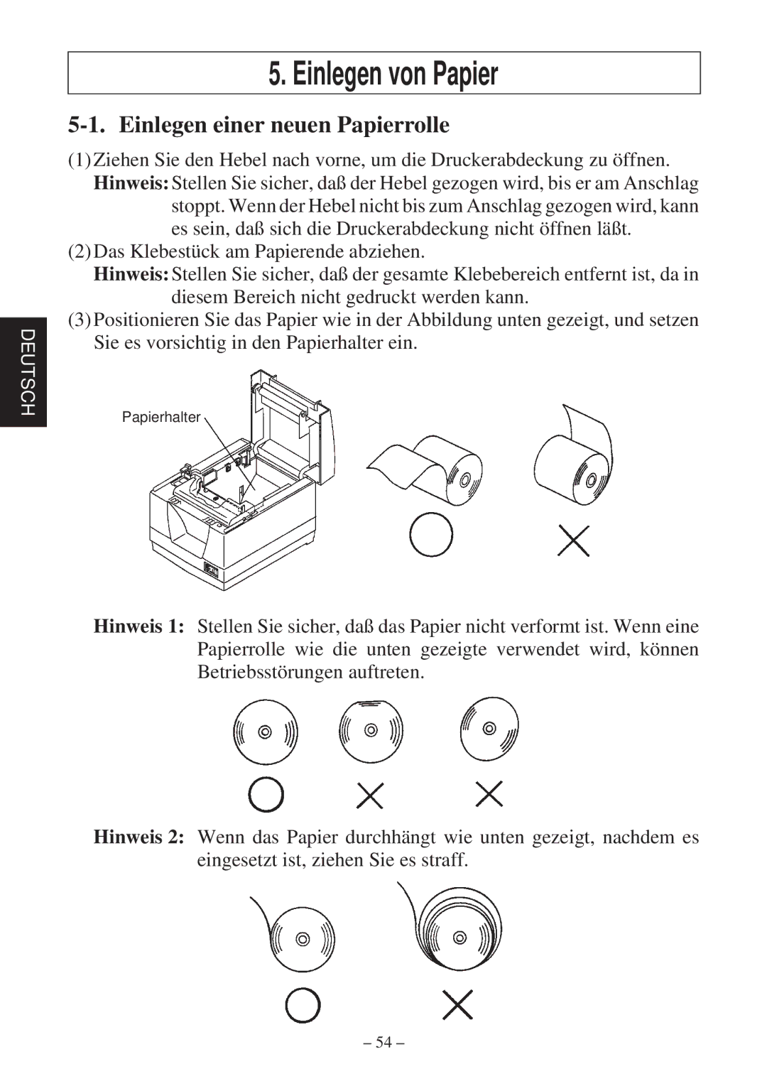 Star Micronics TSP2000 user manual Einlegen von Papier, Einlegen einer neuen Papierrolle 