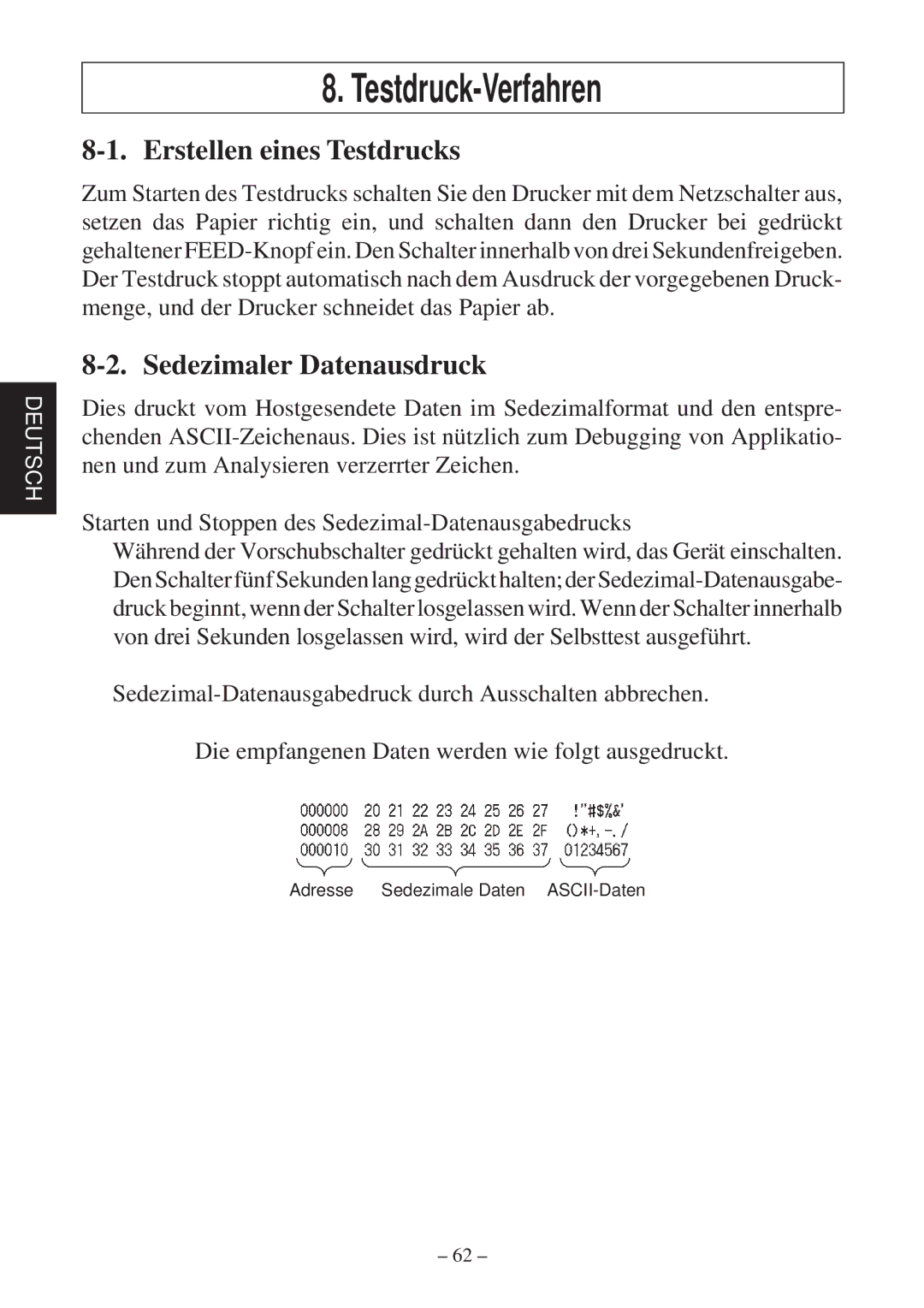 Star Micronics TSP2000 user manual Testdruck-Verfahren, Erstellen eines Testdrucks, Sedezimaler Datenausdruck 