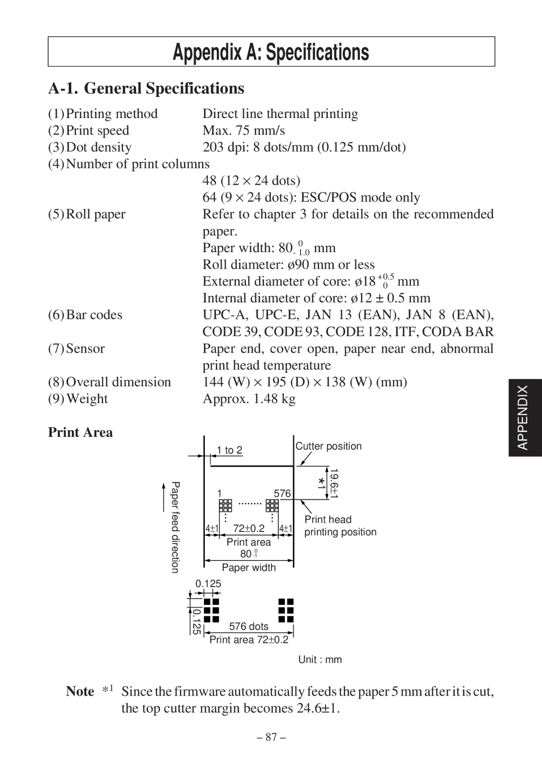 Star Micronics TSP2000 user manual Appendix a Specifications, General Specifications 