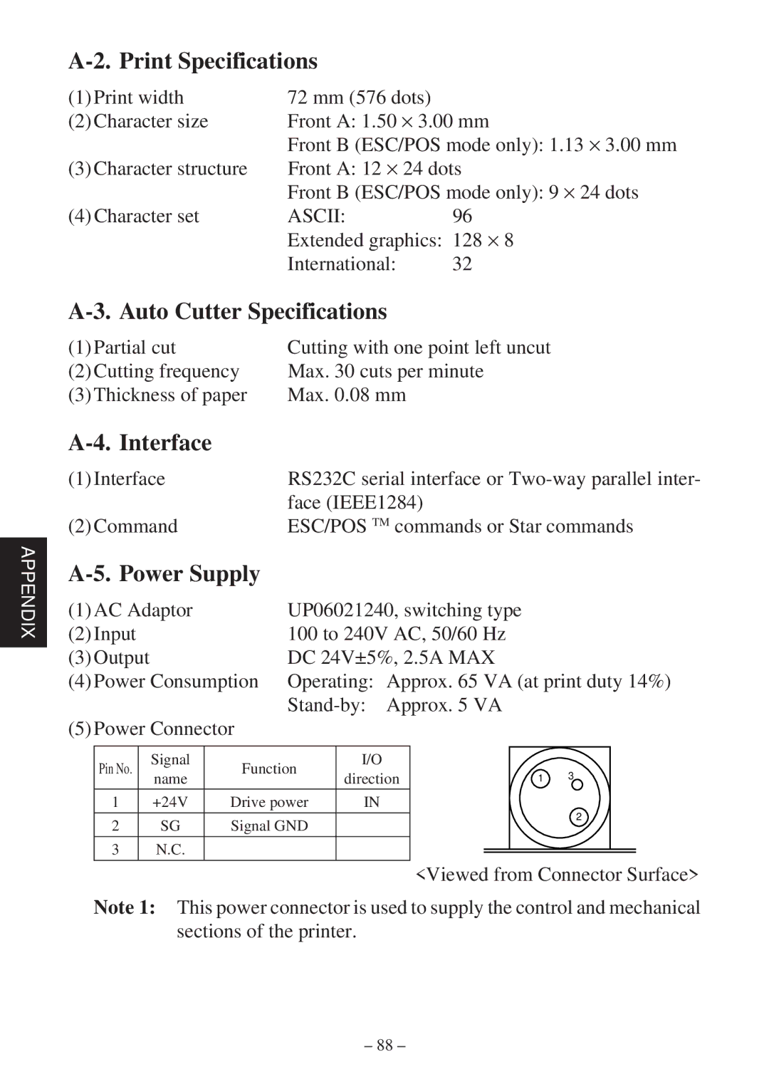 Star Micronics TSP2000 user manual Print Specifications, Auto Cutter Specifications, Interface, Power Supply 