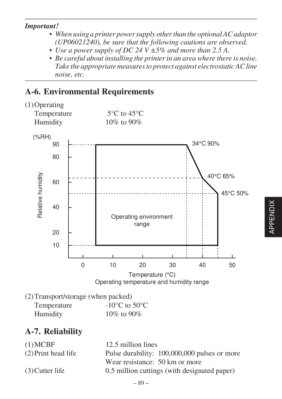 Star Micronics TSP2000 user manual Environmental Requirements, Reliability 