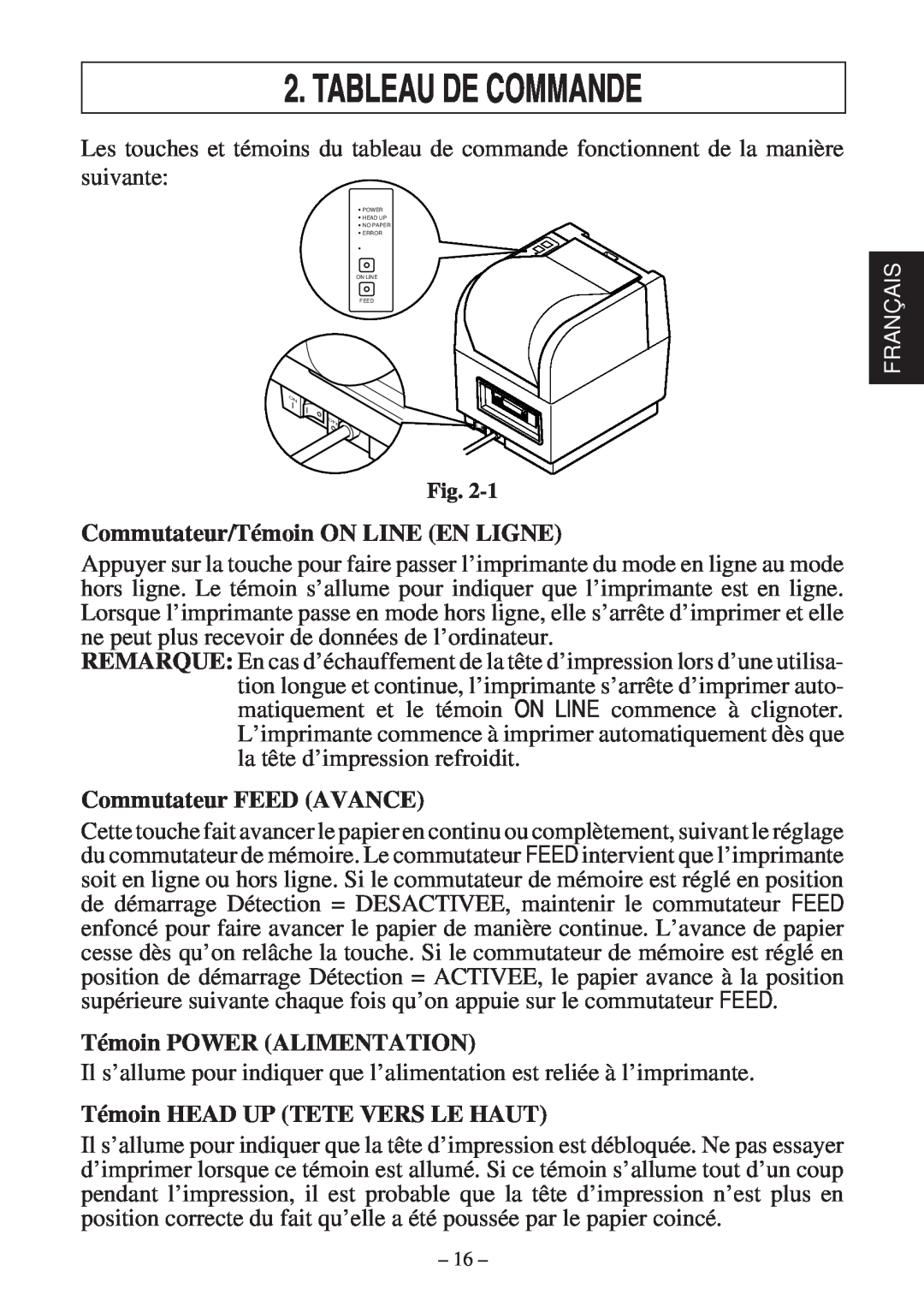 Star Micronics TSP400 Series user manual Tableau De Commande, Commutateur/Témoin ON LINE EN LIGNE, Commutateur FEED AVANCE 