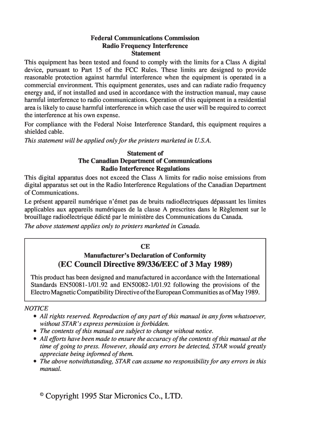Star Micronics TSP400 Series EC Council Directive 89/336/EEC of 3 May, Statement, Radio Interference Regulations 