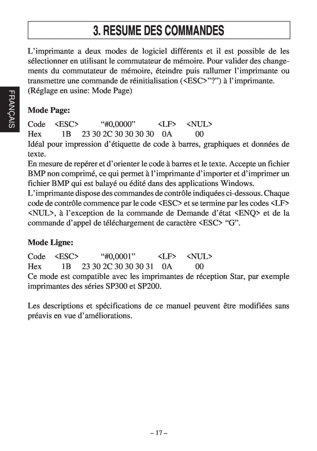 Star Micronics TSP400 Series user manual Resume Des Commandes, Mode Page, Mode Ligne 