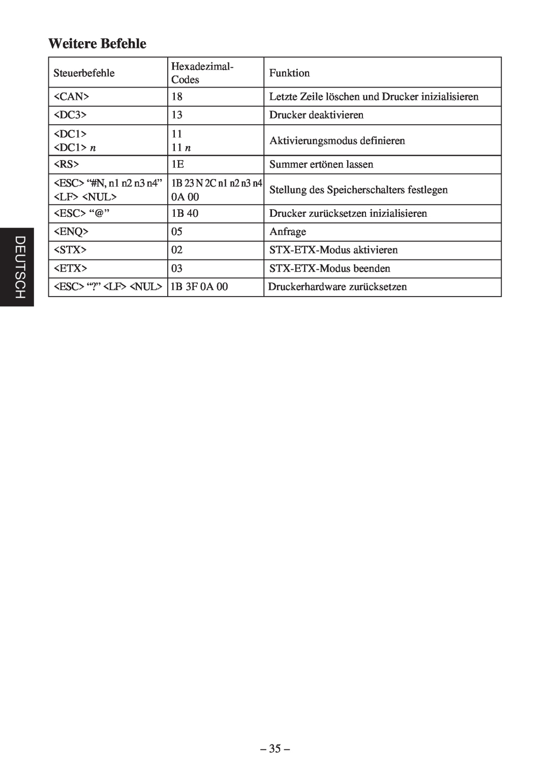 Star Micronics TSP400 Series user manual Weitere Befehle, Deutsch 