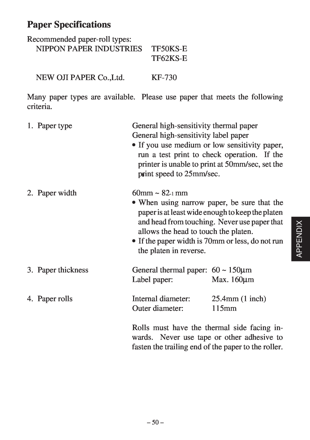Star Micronics TSP400 Series user manual Paper Specifications, printer is unable to print at 50mm/sec, set the 