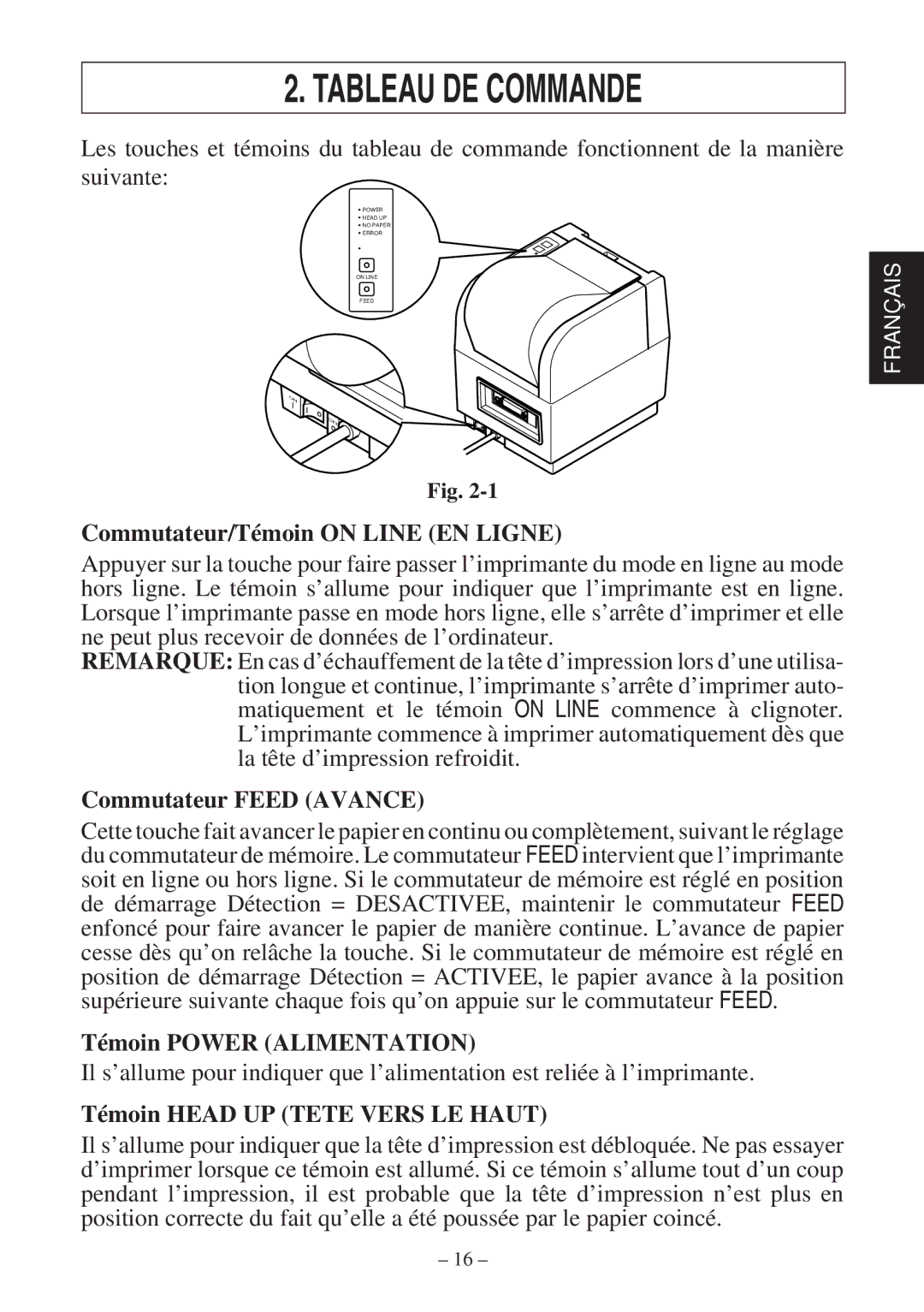 Star Micronics TSP400 Series user manual Tableau DE Commande, Commutateur/Témoin on Line EN Ligne, Commutateur Feed Avance 