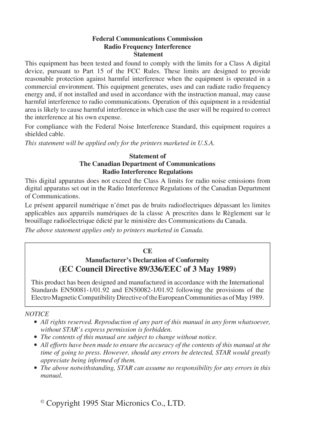 Star Micronics TSP400 Series user manual EC Council Directive 89/336/EEC of 3 May 