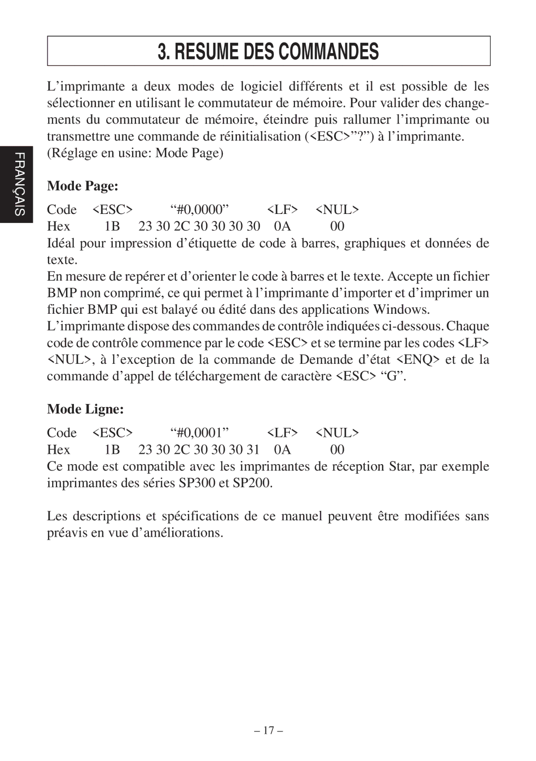 Star Micronics TSP400 Series user manual Resume DES Commandes, Mode Ligne 