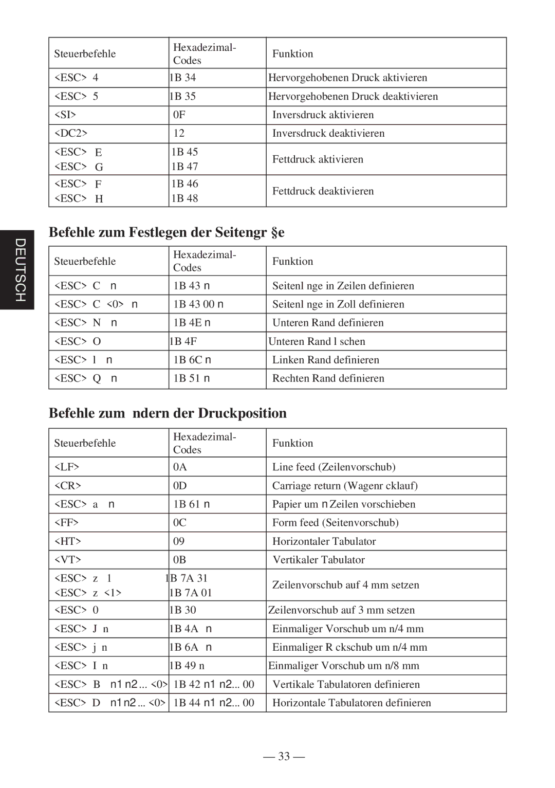 Star Micronics TSP400 Series user manual Befehle zum Festlegen der Seitengröße, Befehle zum Ändern der Druckposition 