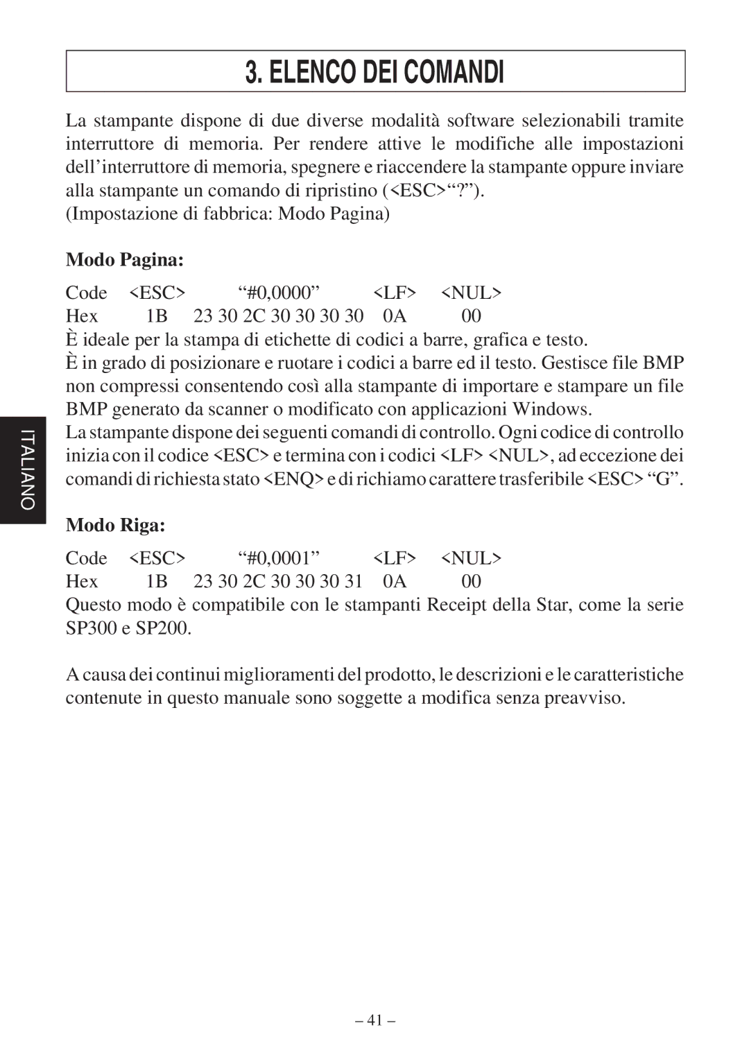 Star Micronics TSP400 Series user manual Elenco DEI Comandi, Modo Pagina, Modo Riga 