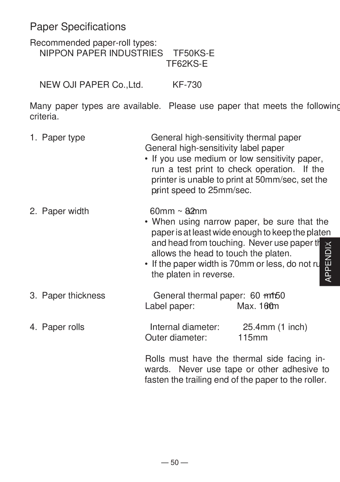 Star Micronics TSP400 Series user manual Paper Specifications, Nippon Paper Industries TF50KS-E TF62KS-E 