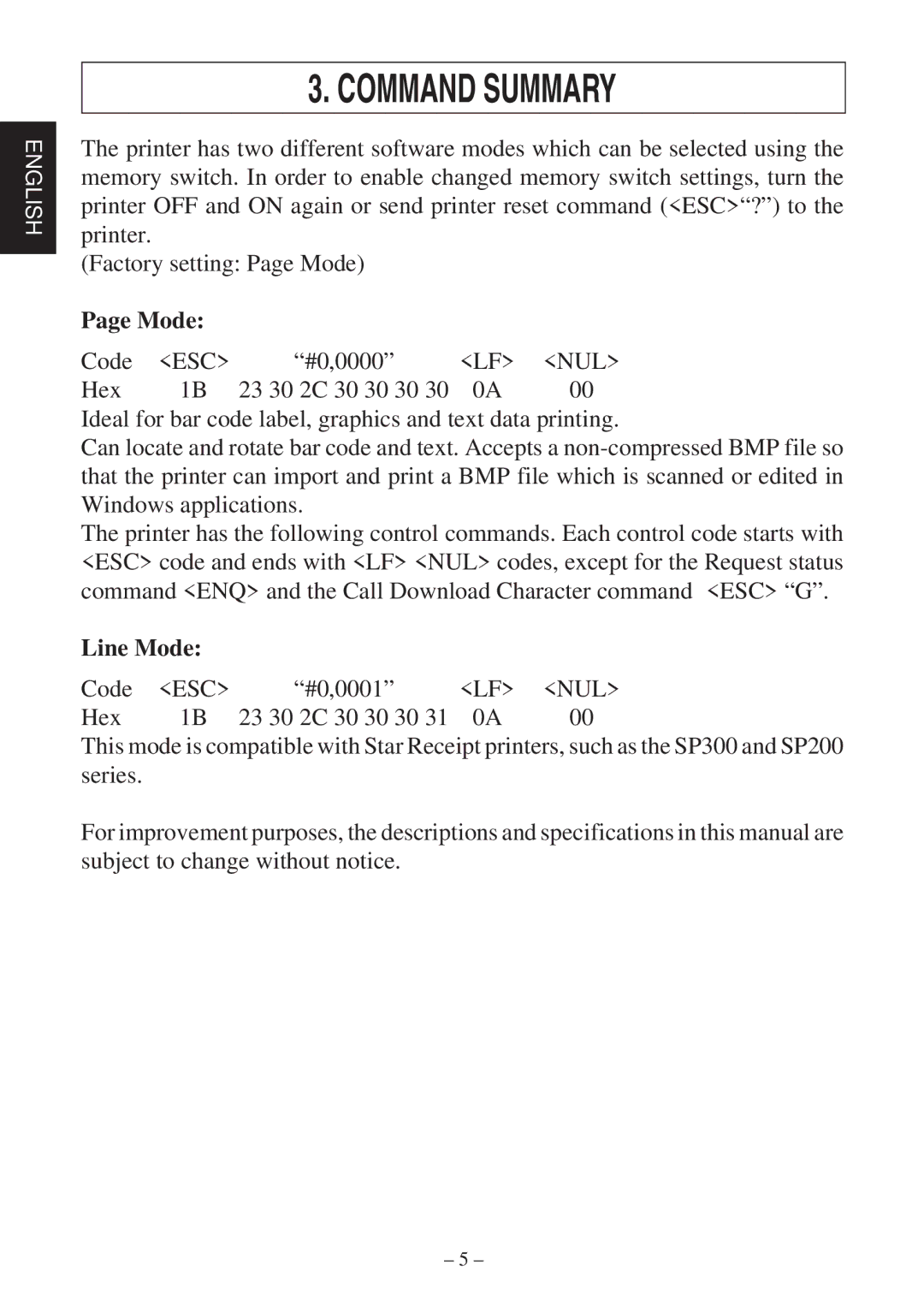 Star Micronics TSP400 Series user manual Command Summary, Line Mode 