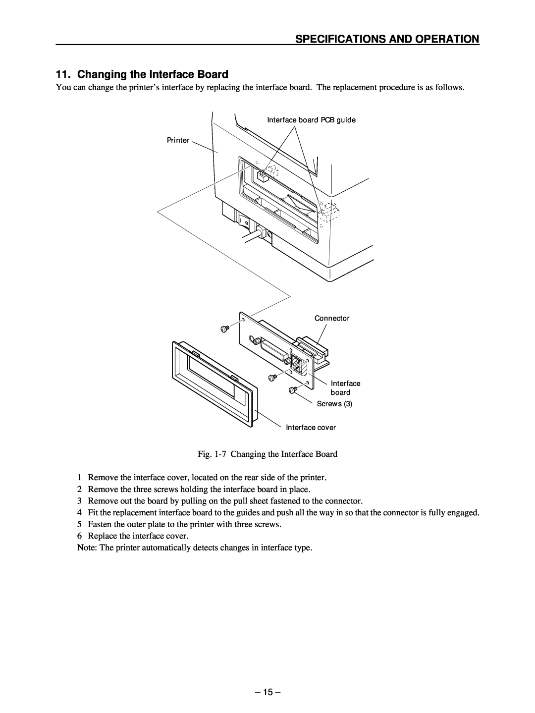 Star Micronics TSP400 technical manual SPECIFICATIONS AND OPERATION 11. Changing the Interface Board 