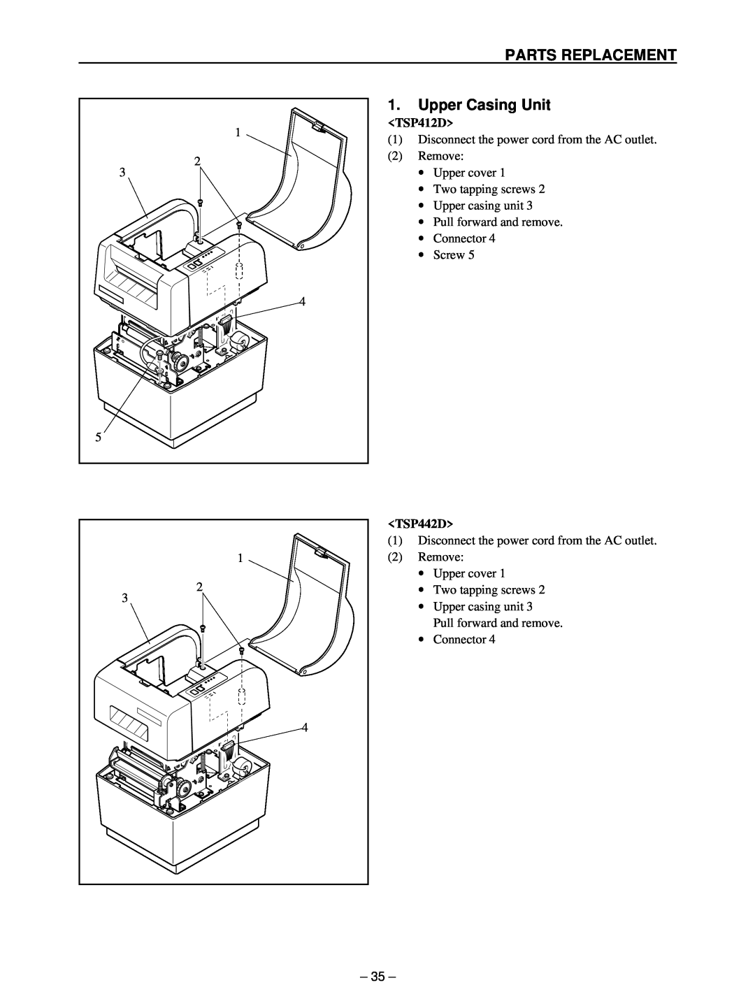 Star Micronics TSP400 technical manual Upper Casing Unit, Parts Replacement, TSP412D, TSP442D 