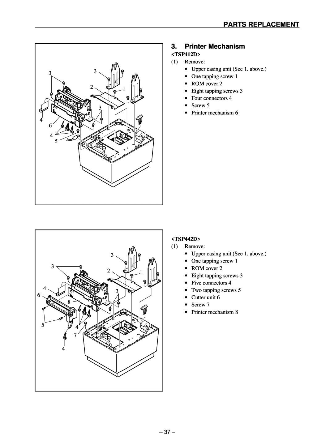 Star Micronics TSP400 technical manual Printer Mechanism, Parts Replacement, TSP412D, TSP442D 