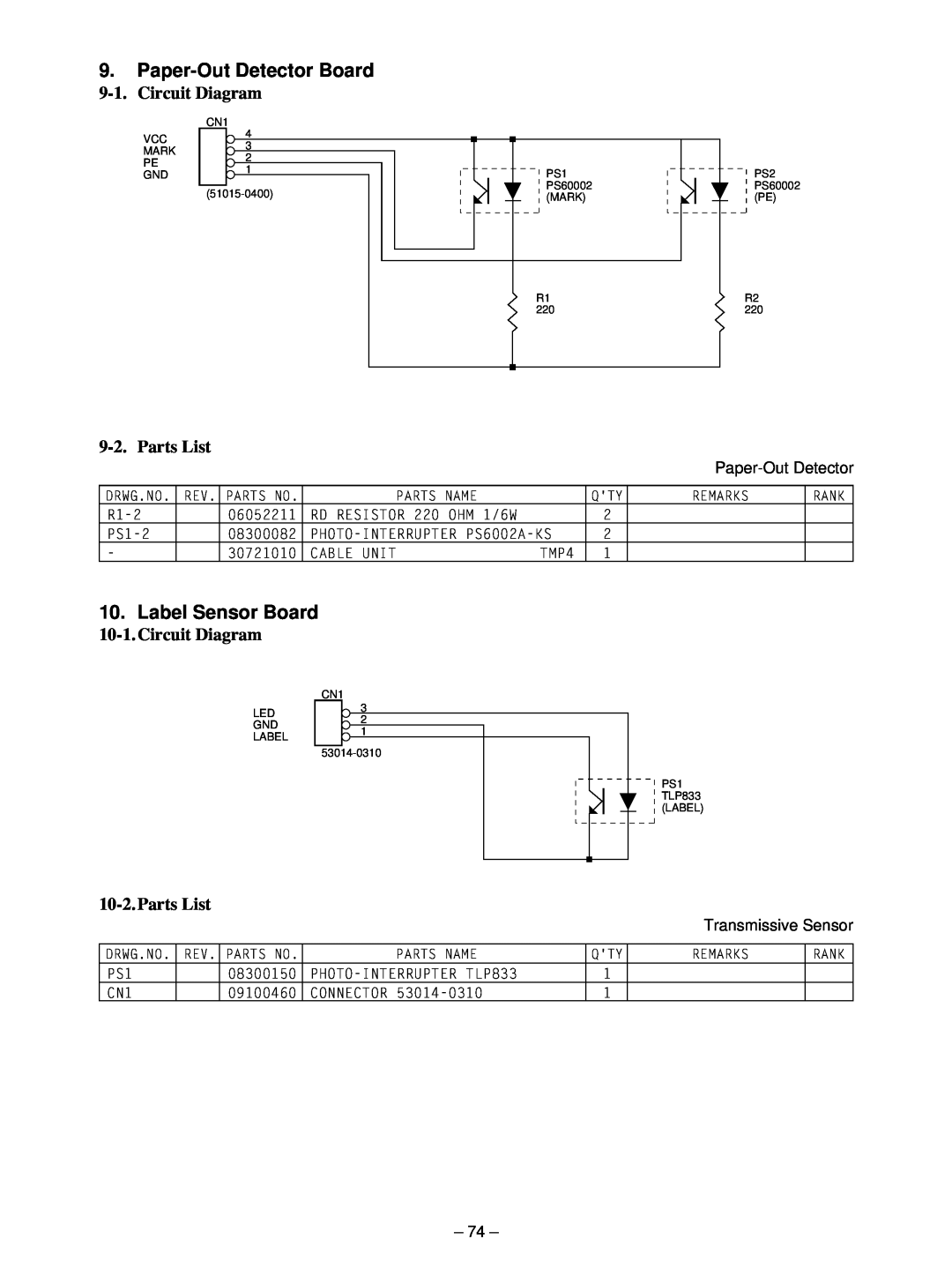 Star Micronics TSP400 Paper-Out Detector Board, Label Sensor Board, Circuit Diagram, Parts List, Transmissive Sensor 
