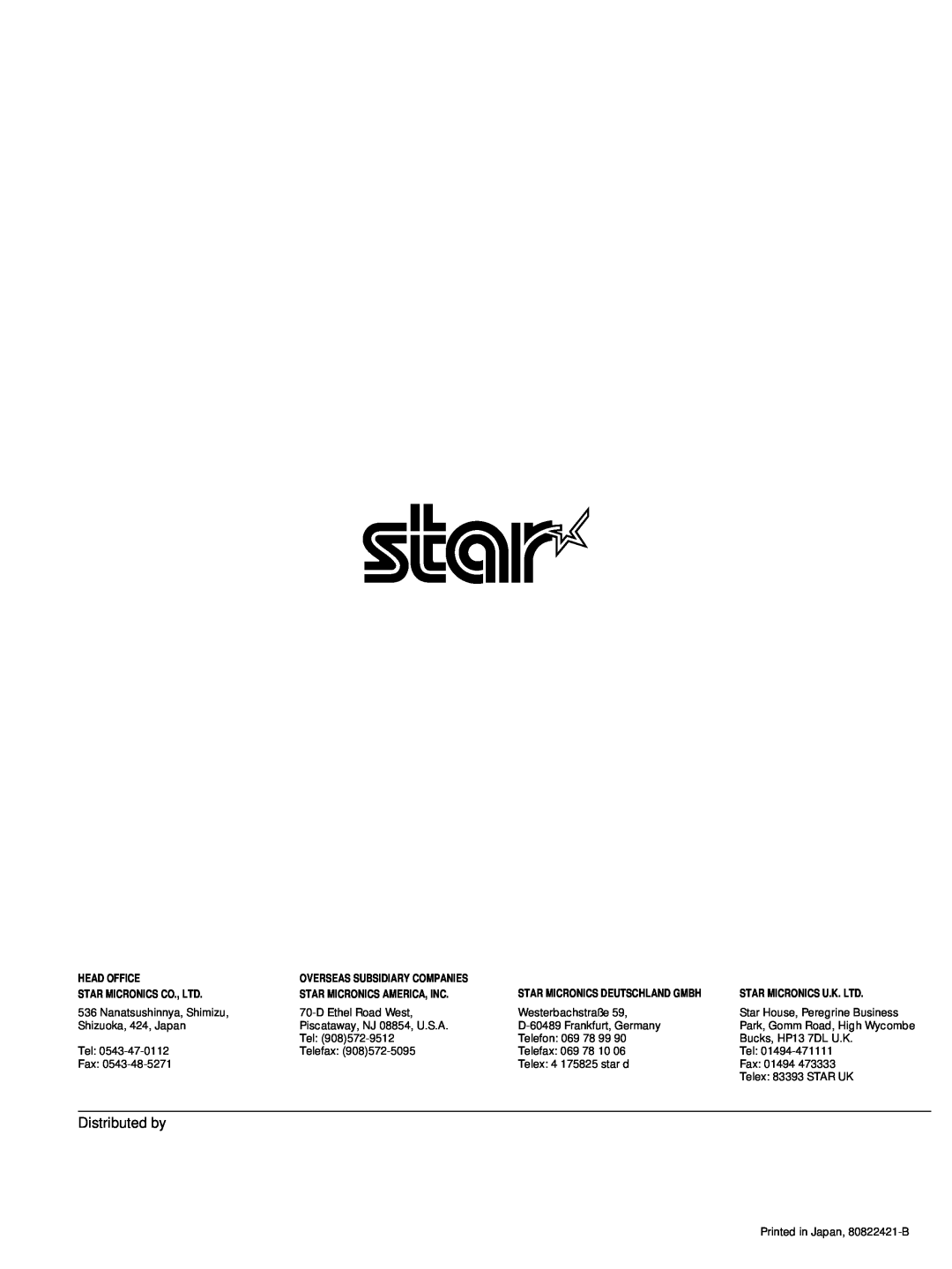 Star Micronics TSP400 Distributed by, Head Office, Overseas Subsidiary Companies, Star Micronics America, Inc 