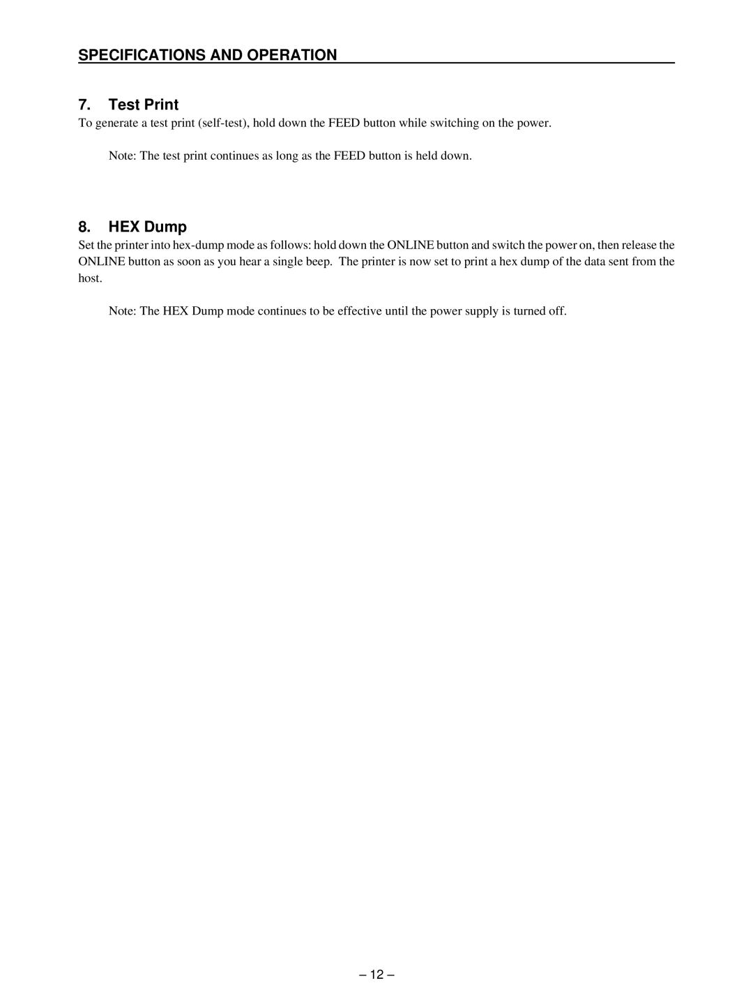 Star Micronics TSP400 technical manual Test Print, HEX Dump 