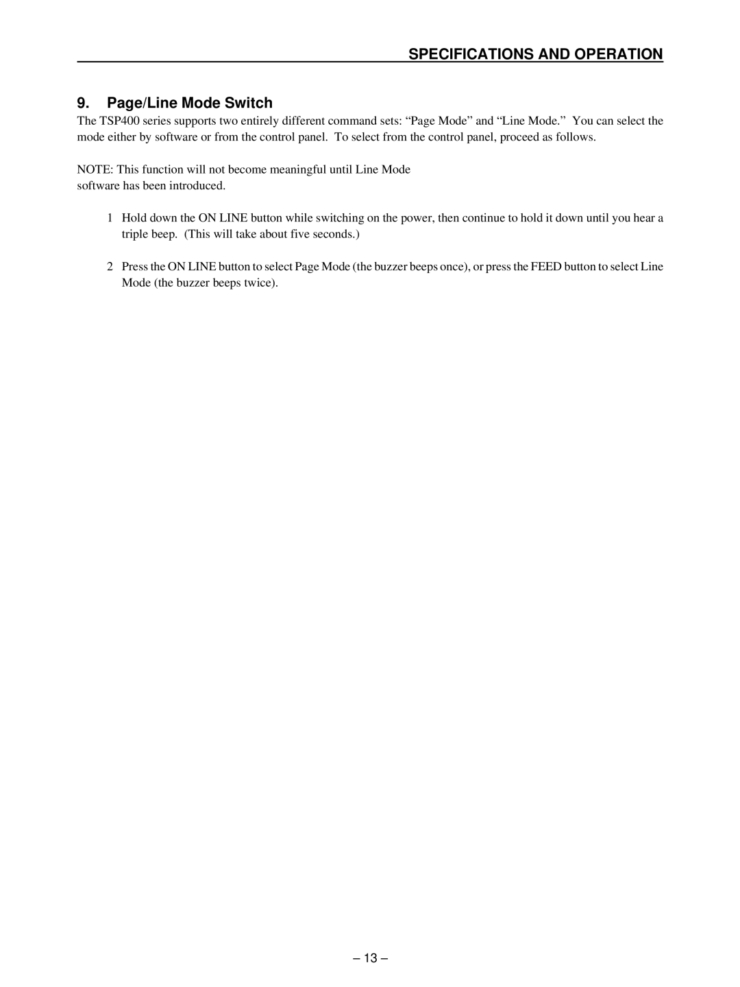 Star Micronics TSP400 technical manual Page/Line Mode Switch 