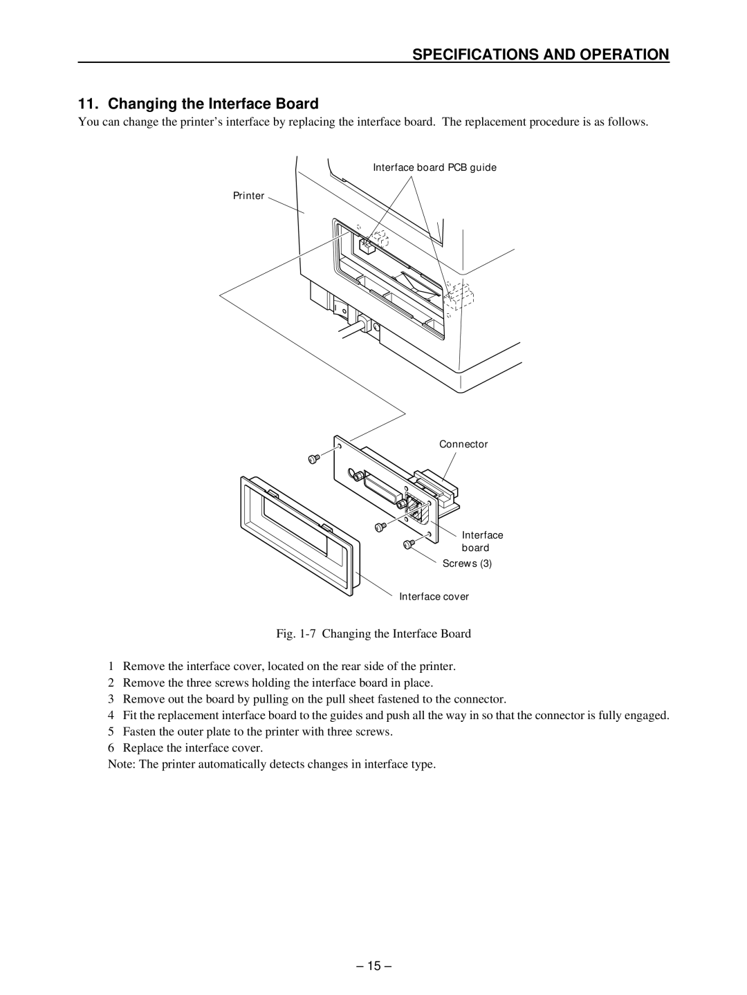 Star Micronics TSP400 technical manual Changing the Interface Board 