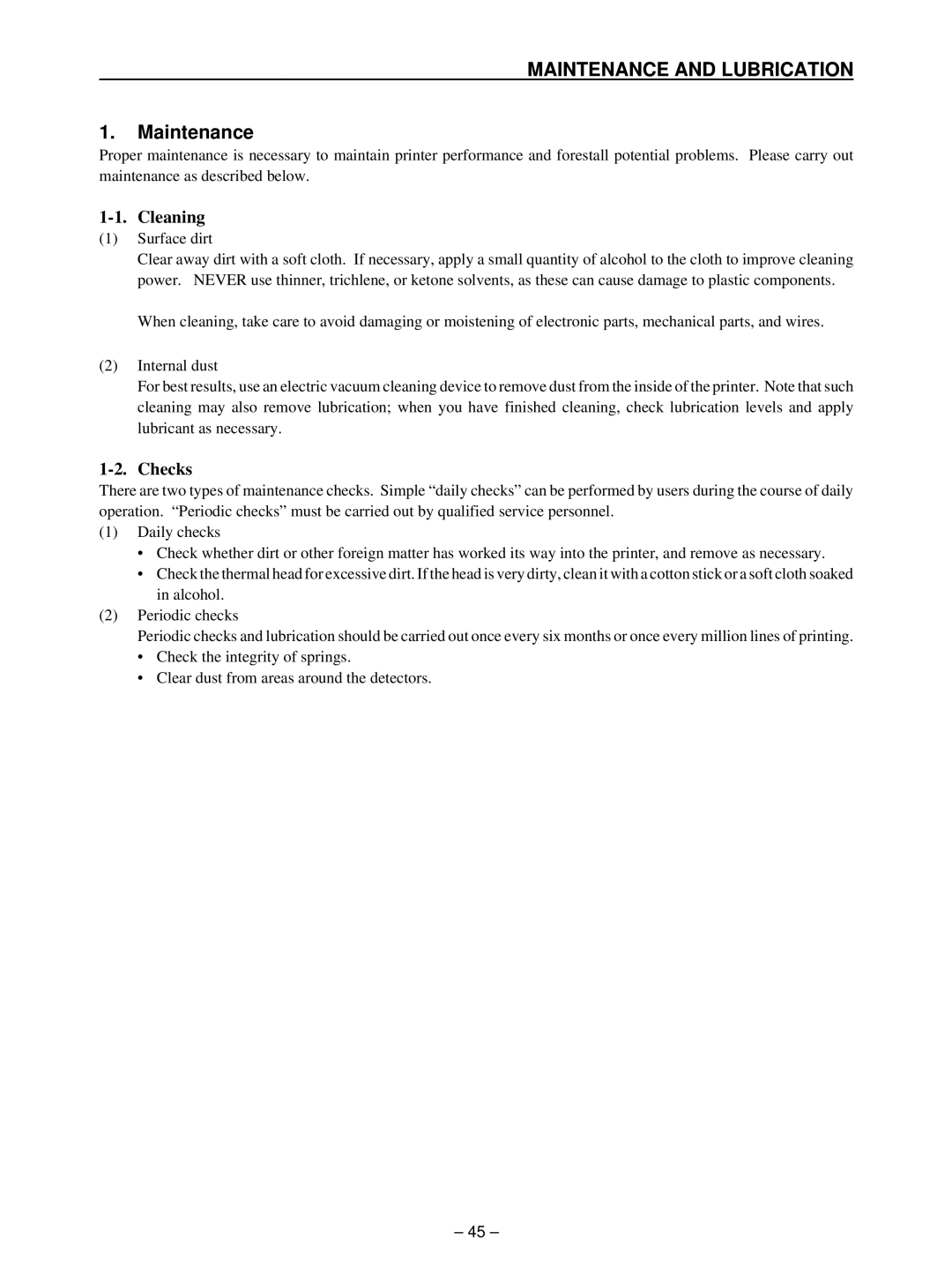 Star Micronics TSP400 technical manual Maintenance, Cleaning, Checks 