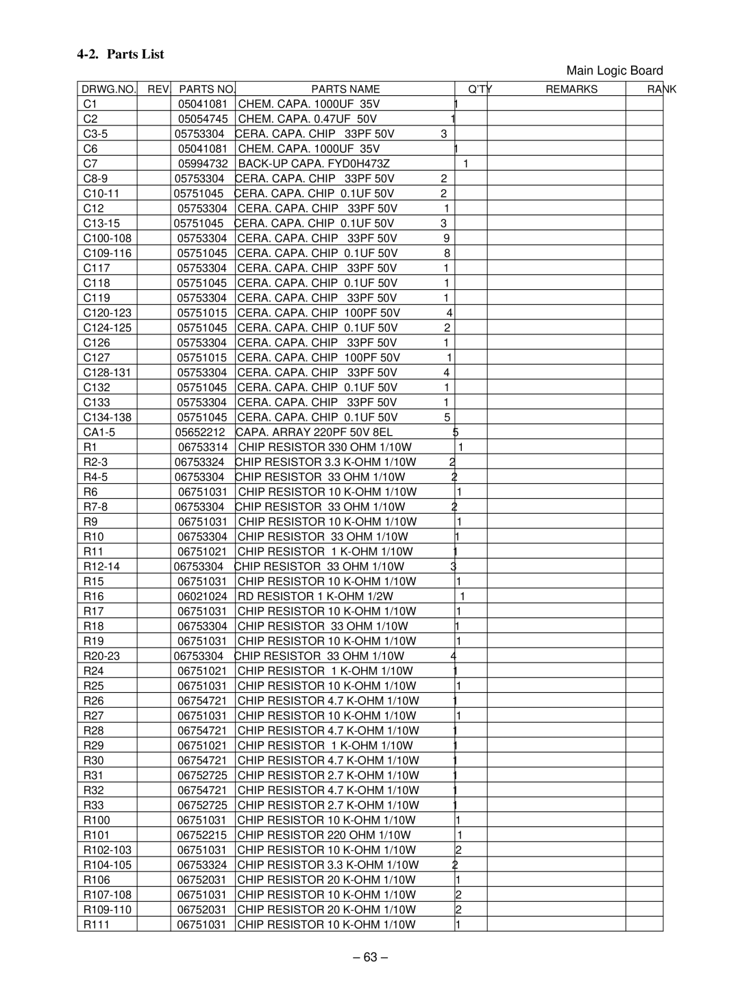 Star Micronics TSP400 technical manual Parts List, Main Logic Board 