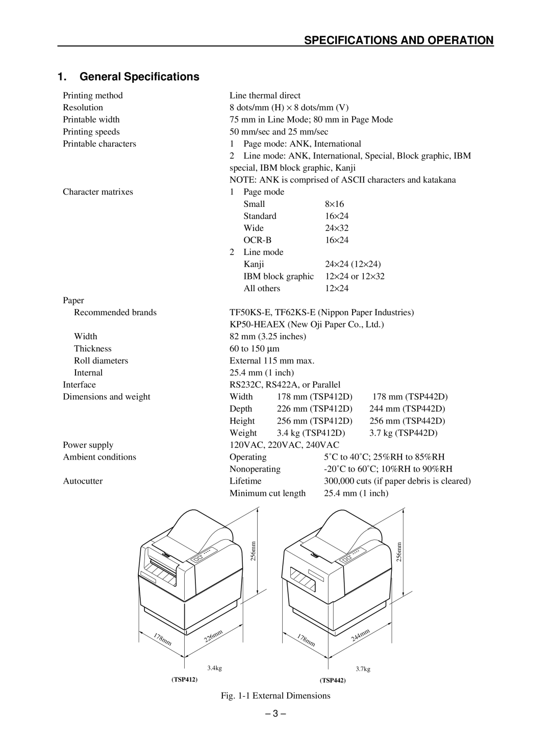 Star Micronics TSP400 technical manual General Specifications, Ocr-B 