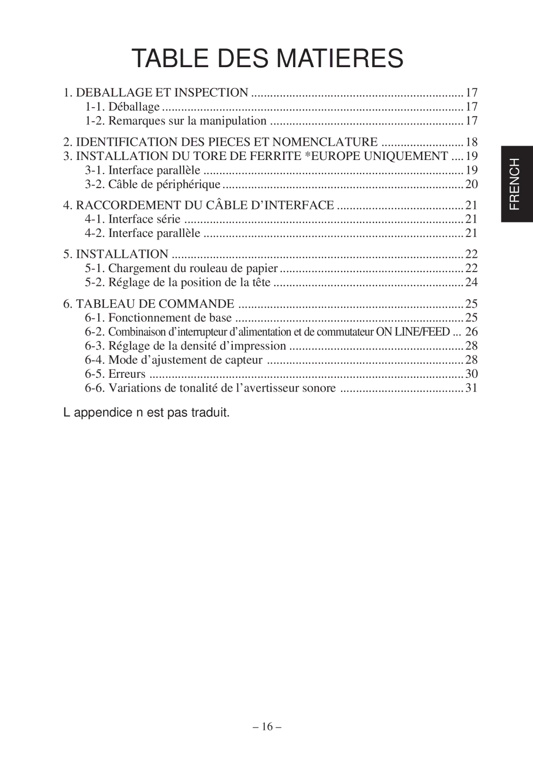 Star Micronics TSP400Z Series user manual Table DES Matieres 