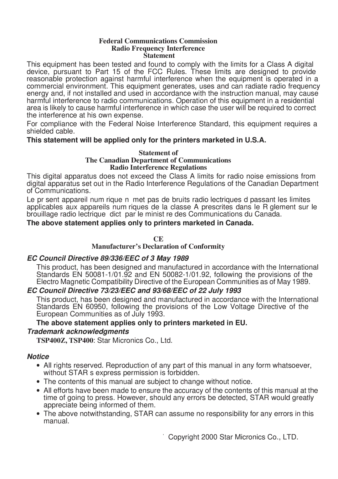 Star Micronics TSP400Z Series user manual EC Council Directive 89/336/EEC of 3 May 