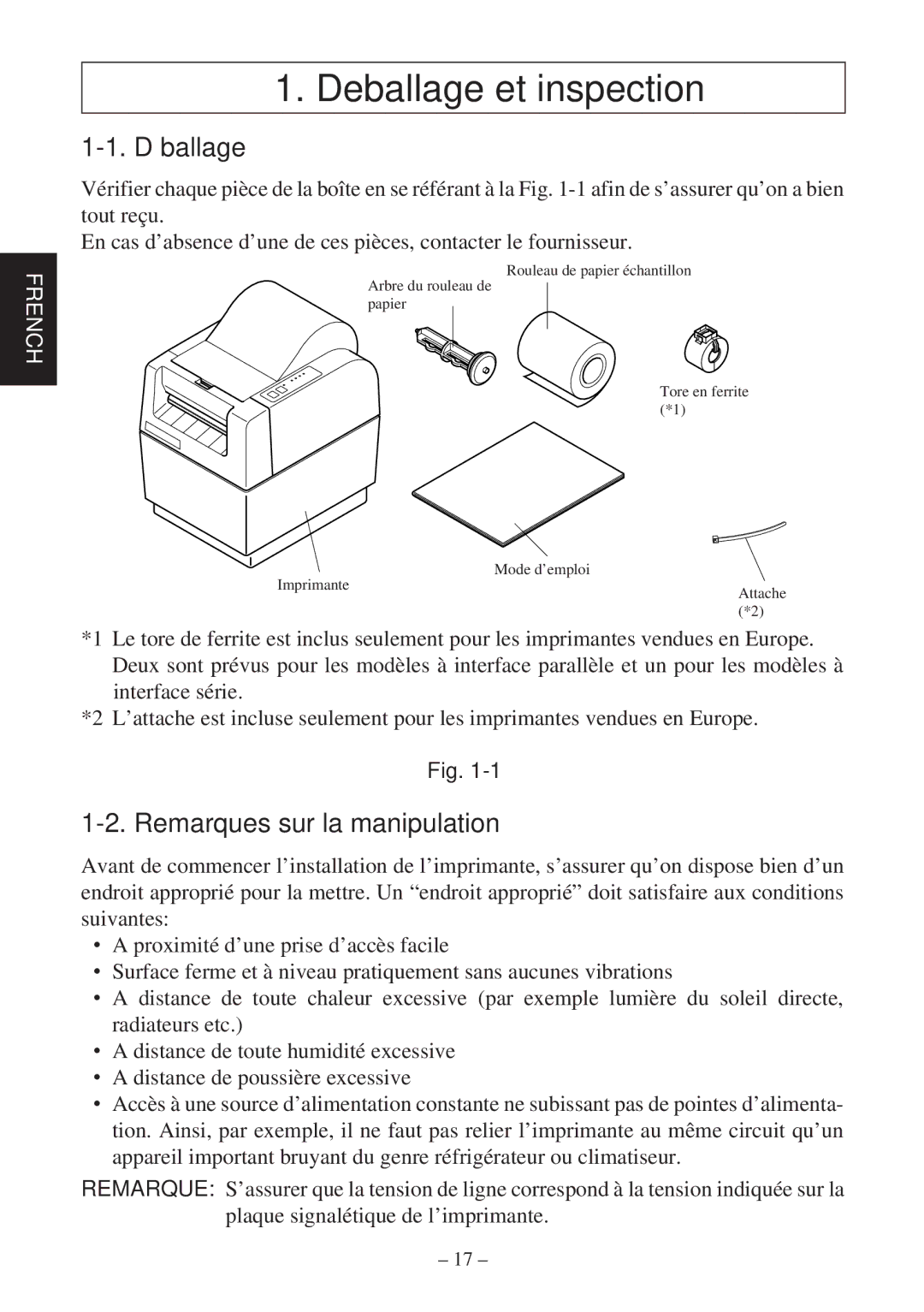 Star Micronics TSP400Z Series user manual Deballage et inspection, Déballage, Remarques sur la manipulation 