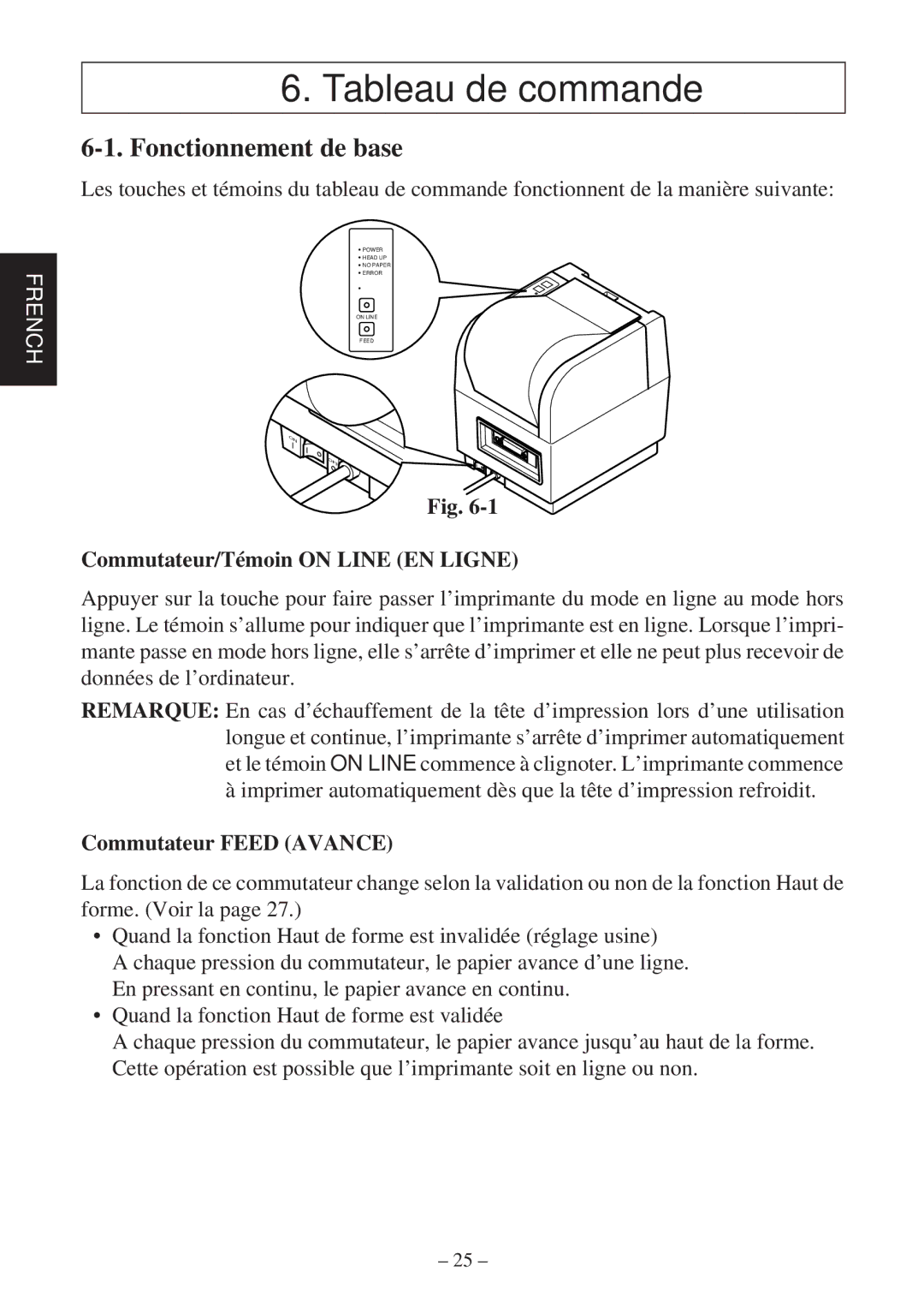 Star Micronics TSP400Z Series user manual Tableau de commande, Fonctionnement de base, Commutateur/Témoin on Line EN Ligne 