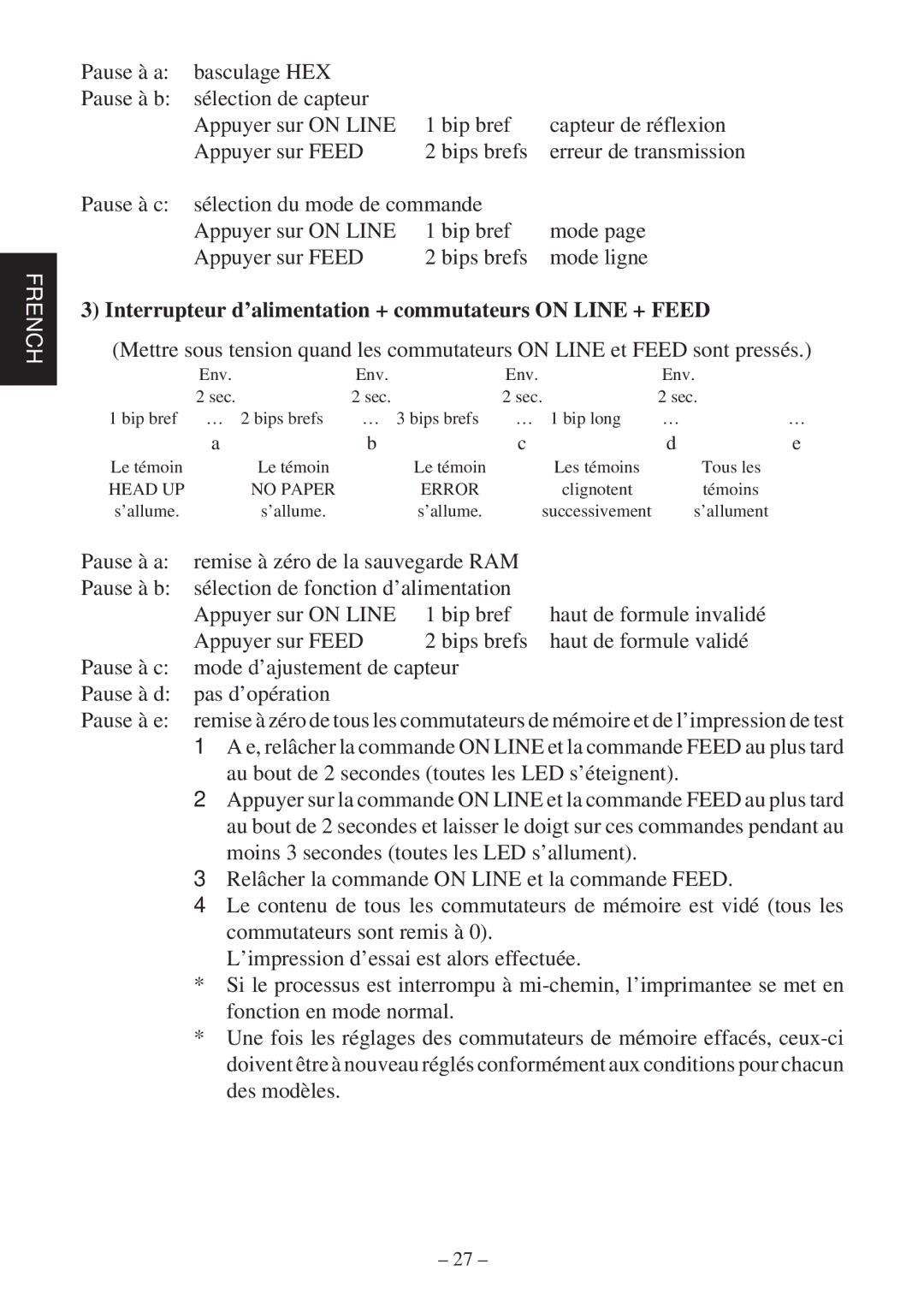 Star Micronics TSP400Z Series user manual Interrupteur d’alimentation + commutateurs on Line + Feed 