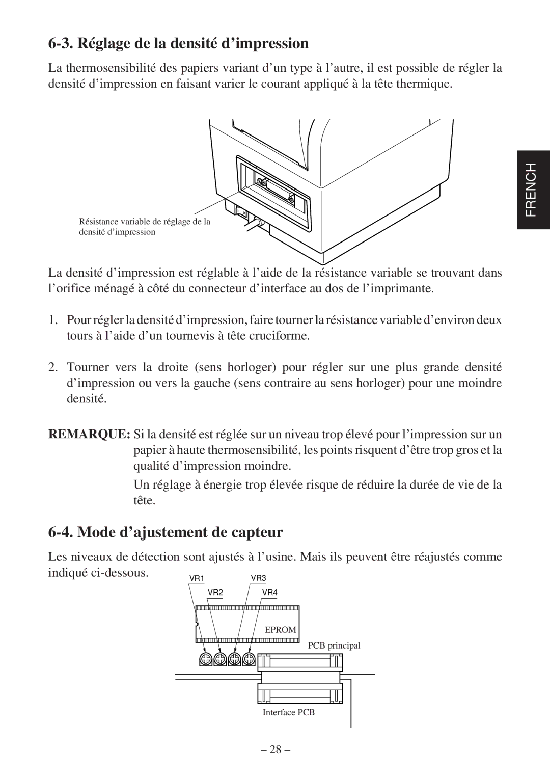 Star Micronics TSP400Z Series user manual Réglage de la densité d’impression, Mode d’ajustement de capteur 