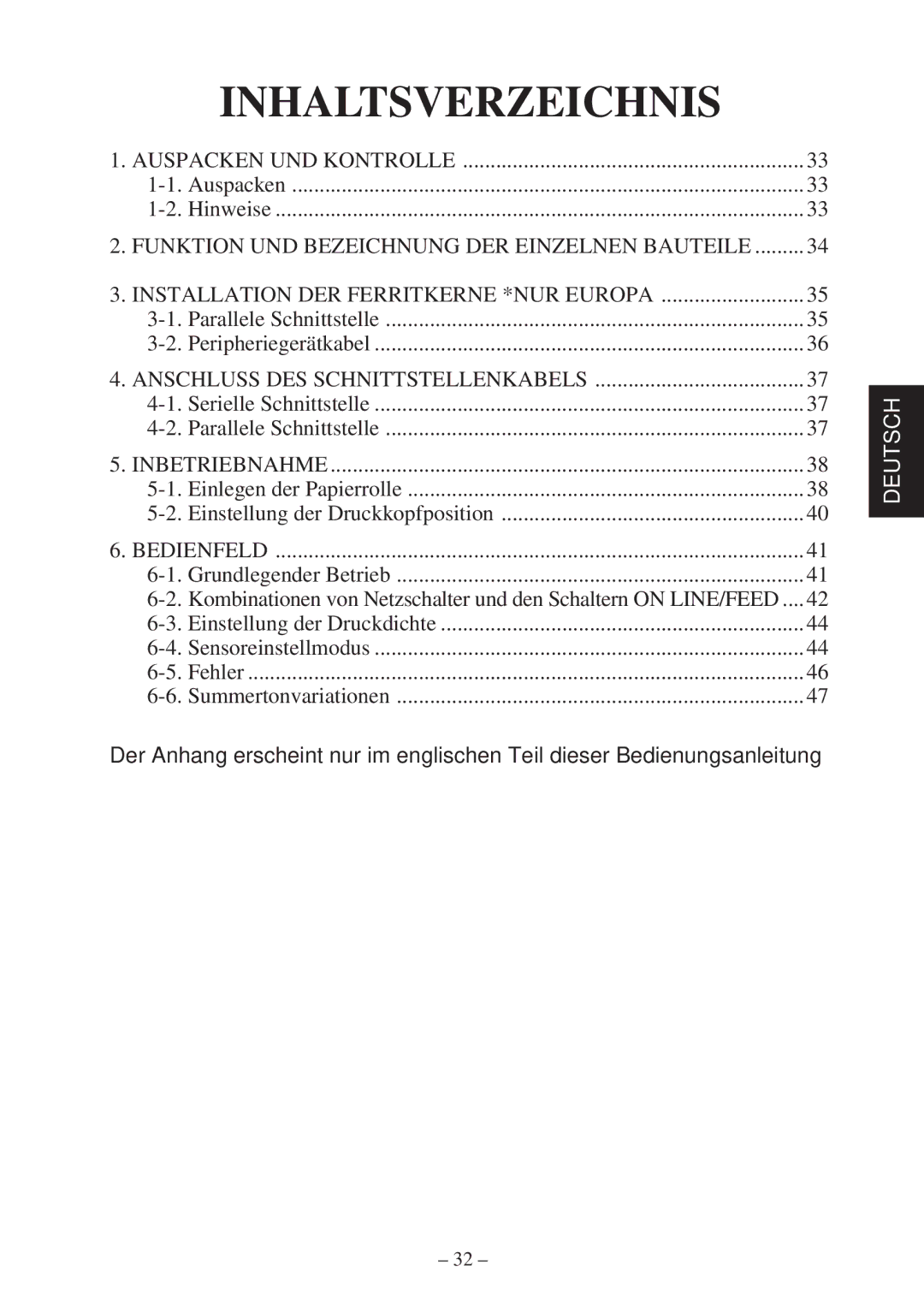 Star Micronics TSP400Z Series user manual Inhaltsverzeichnis 