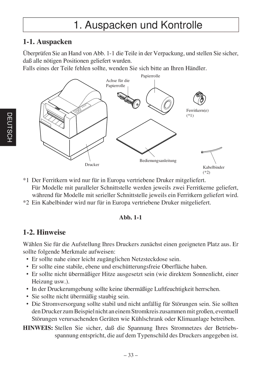 Star Micronics TSP400Z Series user manual Auspacken und Kontrolle, Hinweise, Abb 