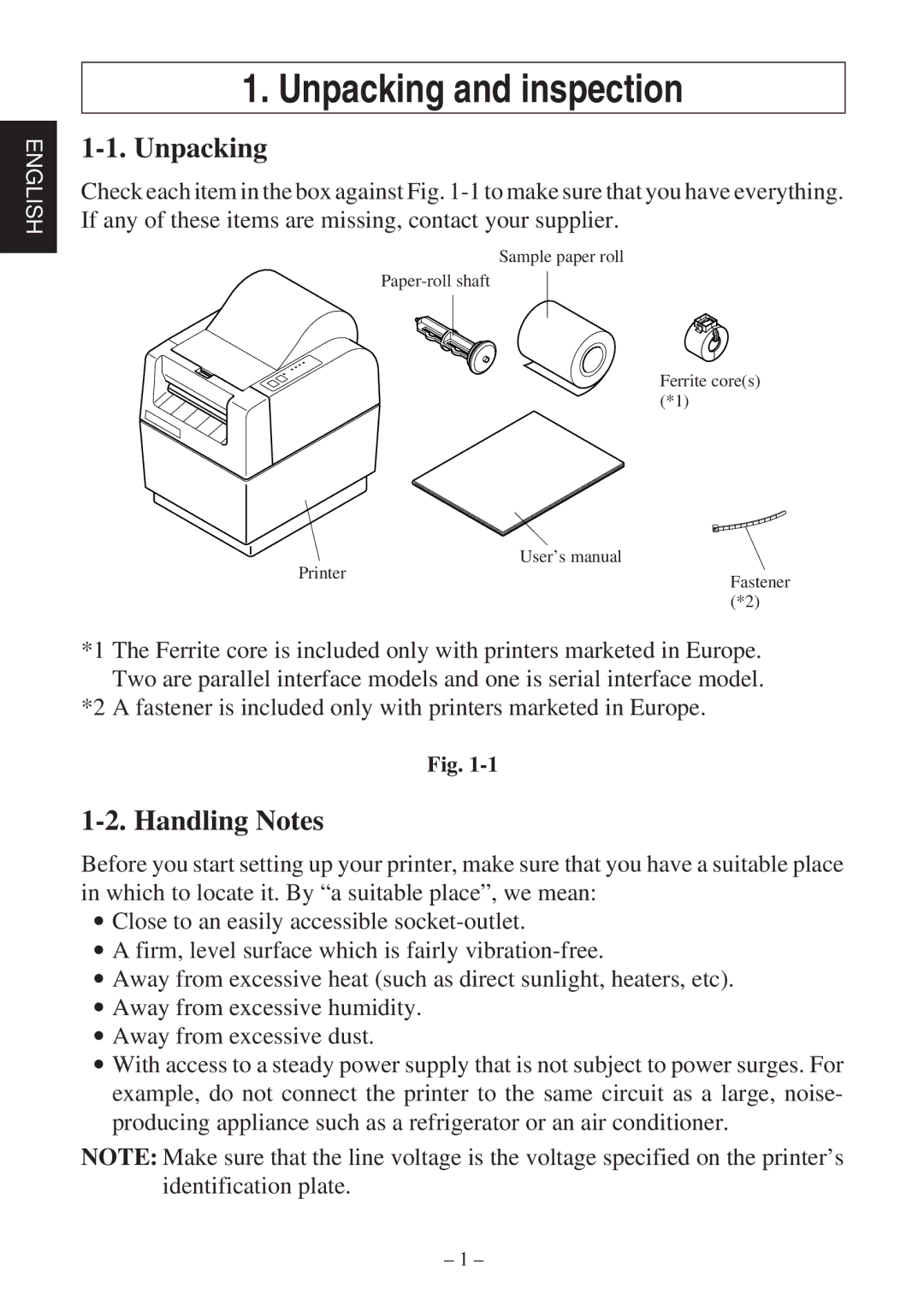 Star Micronics TSP400Z Series user manual Unpacking and inspection, Handling Notes 