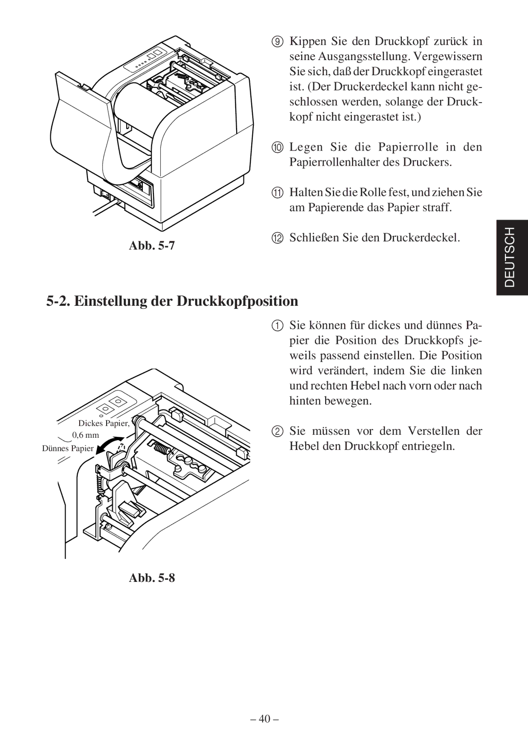 Star Micronics TSP400Z Series user manual Einstellung der Druckkopfposition 