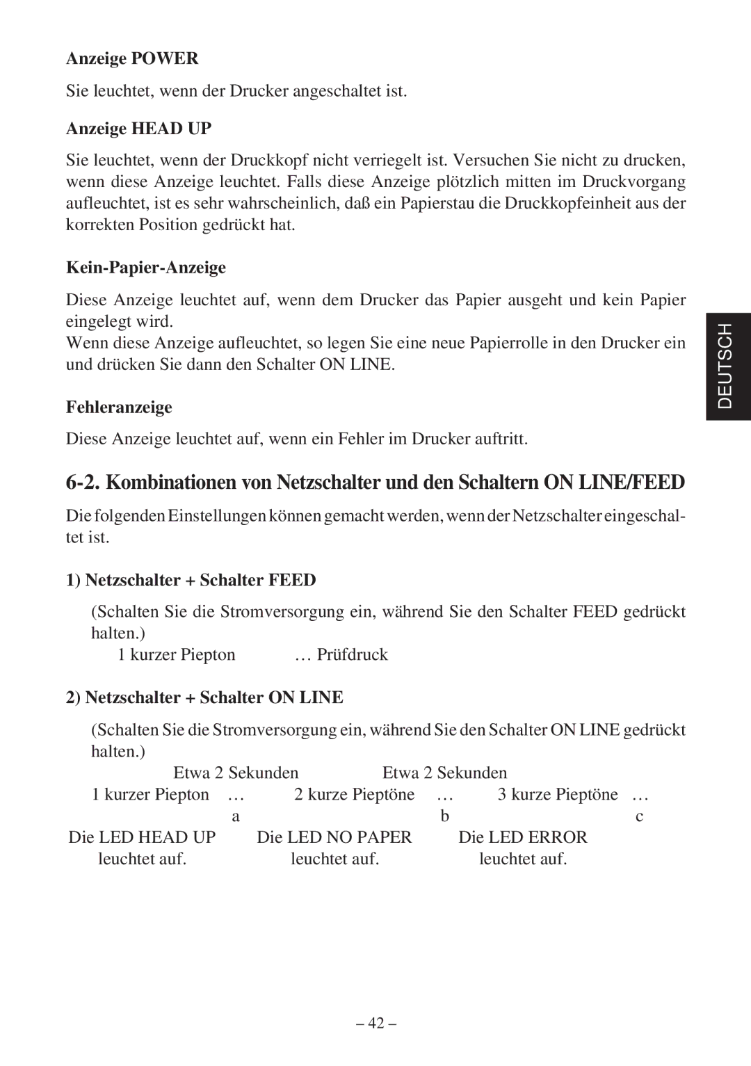 Star Micronics TSP400Z Series user manual Anzeige Power, Anzeige Head UP, Kein-Papier-Anzeige, Fehleranzeige 