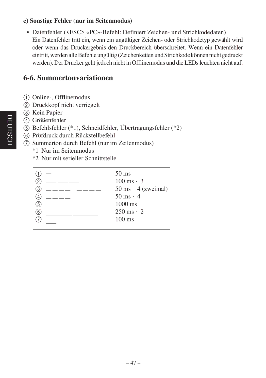 Star Micronics TSP400Z Series user manual Summertonvariationen, Sonstige Fehler nur im Seitenmodus 