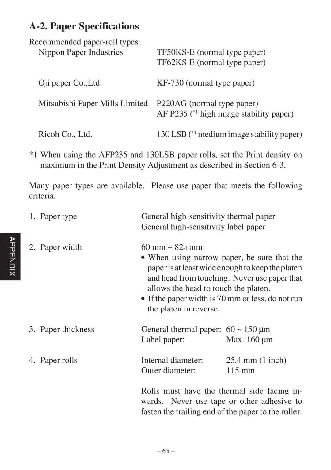 Star Micronics TSP400Z Series user manual Paper Specifications 