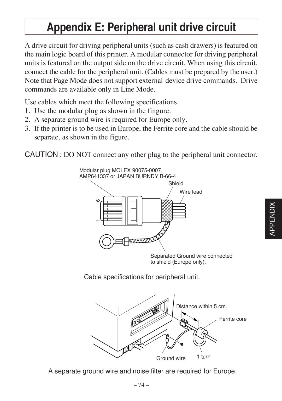 Star Micronics TSP400Z Series Appendix E Peripheral unit drive circuit, Cable specifications for peripheral unit 