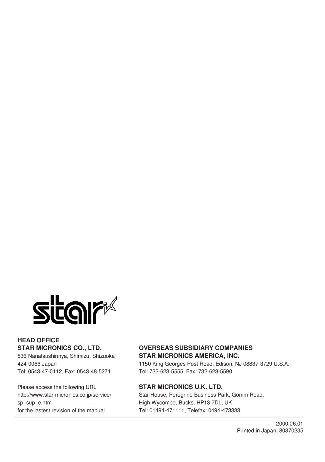 Star Micronics TSP400Z Series user manual Head Office Overseas Subsidiary Companies 