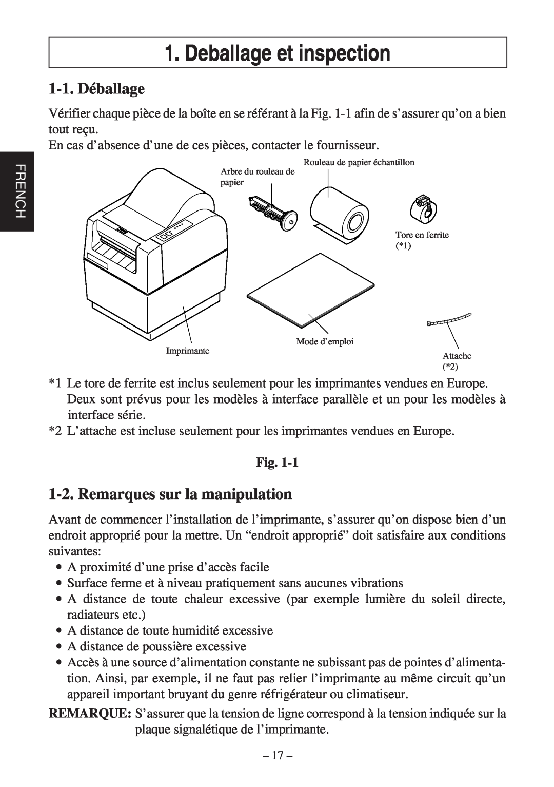 Star Micronics TSP400Z Series user manual Deballage et inspection, 1-1. Déballage, Remarques sur la manipulation, French 