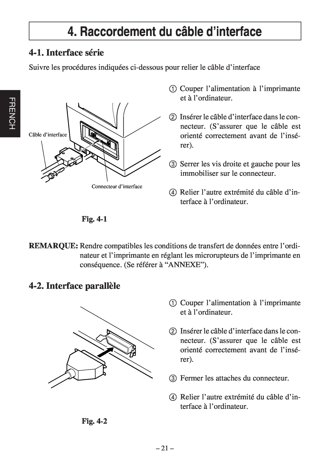 Star Micronics TSP400Z Series user manual Raccordement du câble d’interface, Interface série, Interface parallèle, French 