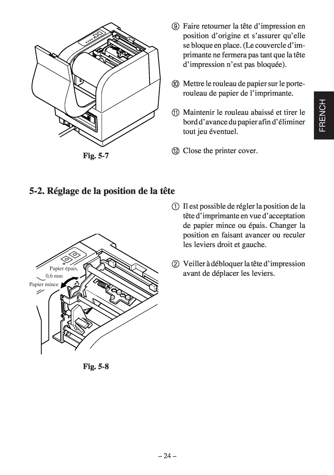 Star Micronics TSP400Z Series user manual 5-2. Réglage de la position de la tête, French 