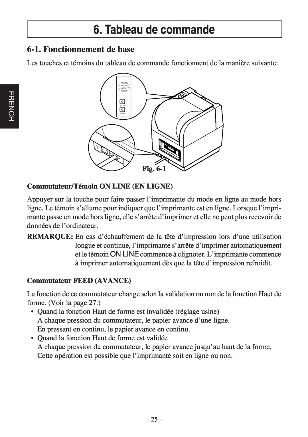 Star Micronics TSP400Z Series Tableau de commande, Fonctionnement de base, French, Commutateur/Témoin ON LINE EN LIGNE 