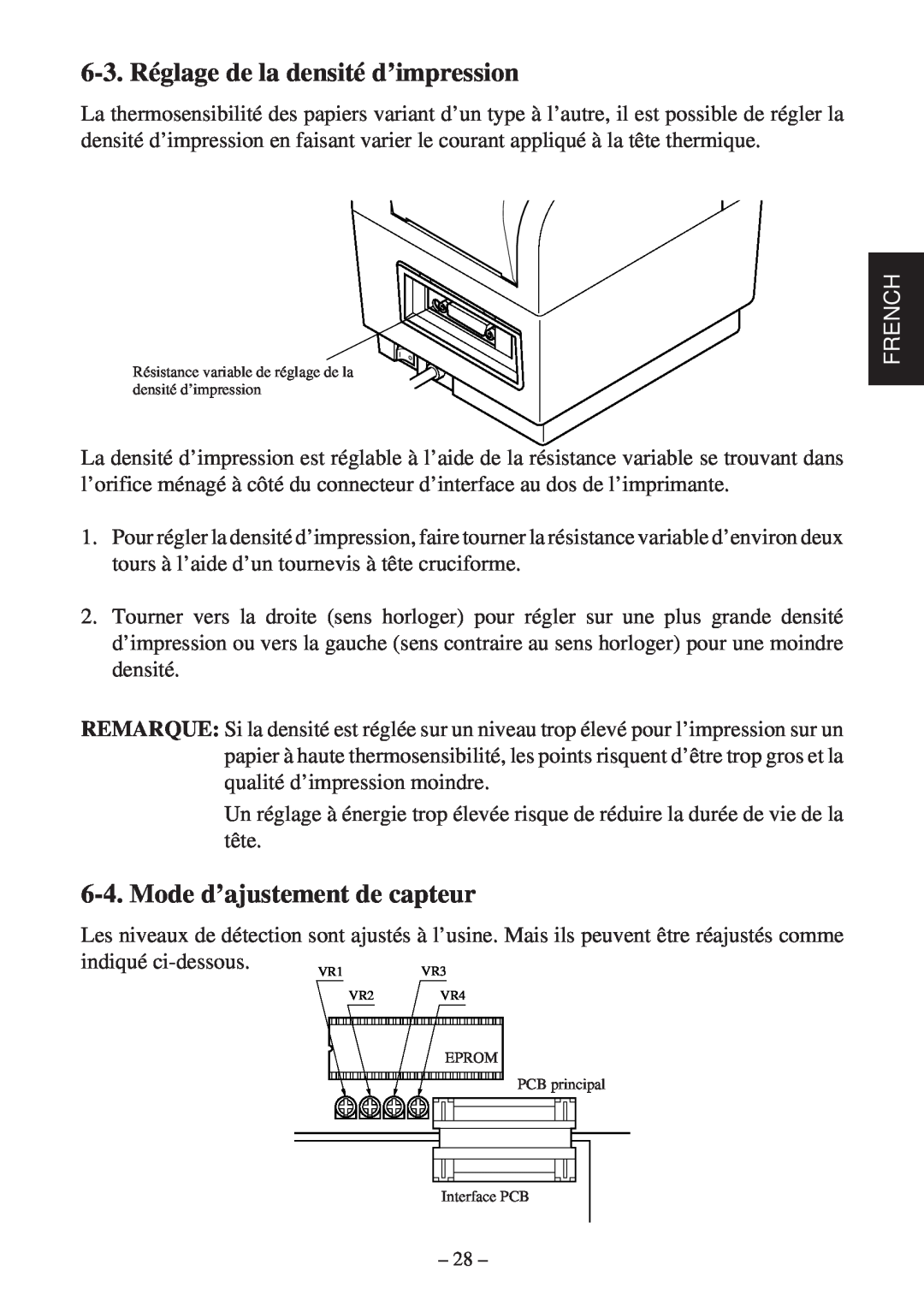 Star Micronics TSP400Z Series user manual 6-3. Réglage de la densité d’impression, Mode d’ajustement de capteur, French 