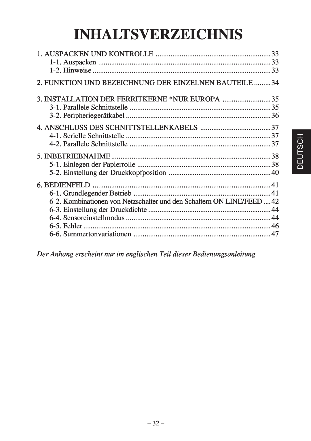 Star Micronics TSP400Z Series user manual Inhaltsverzeichnis, Deutsch 